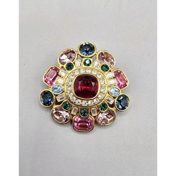 Vtg Joan Rivers Swarovski Crystal Brooch Multicolored Cushion Cut Baguette Pave